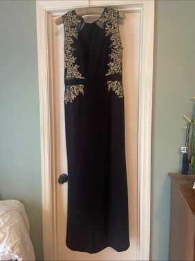 Cachet Black Maxi Dress with Gold Embroidery